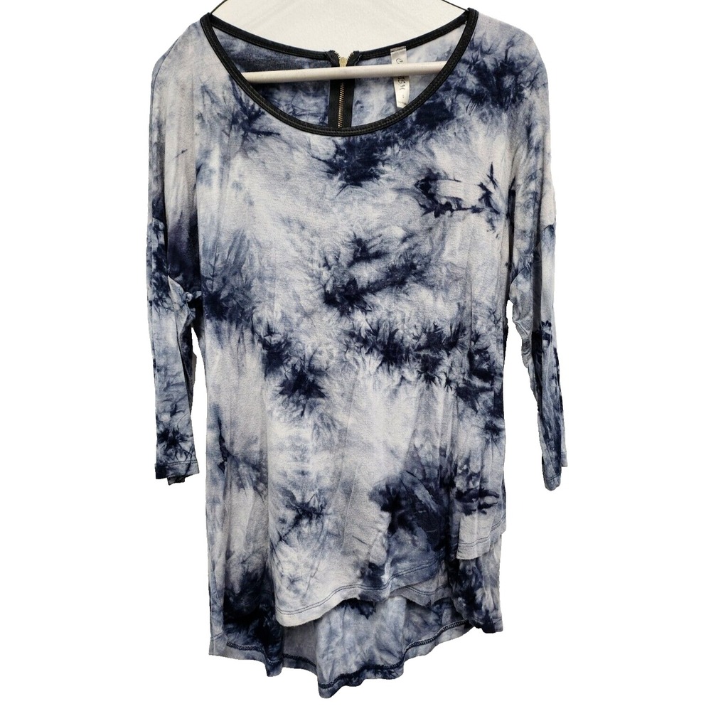 Cubism Womens Wearable Art Tunic Top Small Gray Tie Dye Crossover Hem 3/4 Sleeve